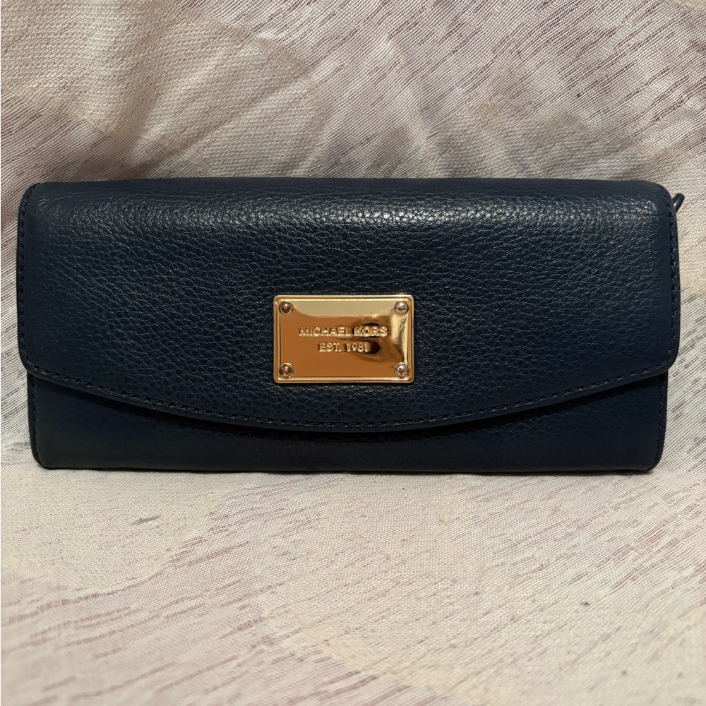 Michael Kors Blue Leather Wallet with Gold Hardware